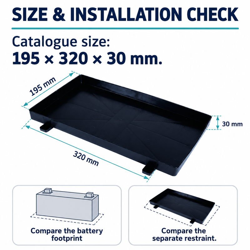 X02 Marine Battery Tray - Black ABS, 195 x 320 mm | size or installation fit guide