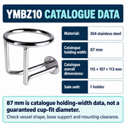 YMBZ10 catalogue data - 304 steel, holding width87mm, overall115 by107 by113mm, one holder; no guaranteed cup-fit diameter